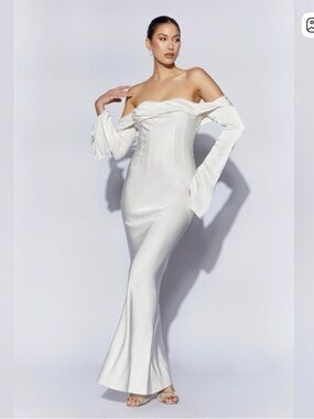 Meshki White Strapless Satin Off-Shoulder Gown